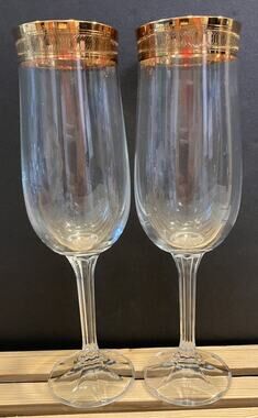 Vintage Bohemia Crystal Champagne Flutes Set of 2 Gold Rim Faceted Stem Czech